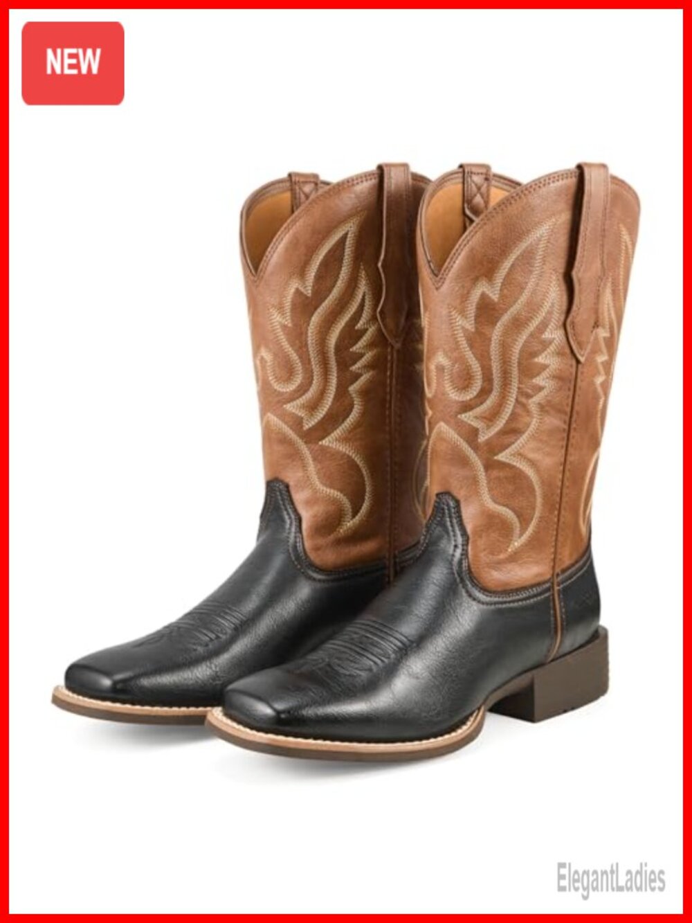 Western Square Toe Mid Calf Pull On Boots Faux Leather Retro Embroidered